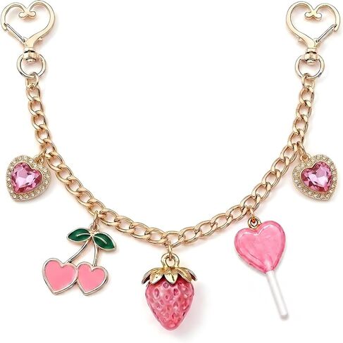 Pearl Pink Strawberry & Cherry Bag Charm - Gold Chain Link in Kuwait