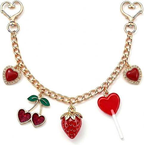 Pearl Pink Strawberry & Cherry Bag Charm - Gold Chain Link in Kuwait