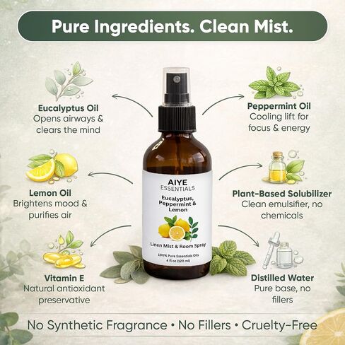 AIYE Essentials الأوكالبتوس والنعناع والليمون رذاذ العلاج العطري، 100% زيوت عطرية نقية، الكتان وبخاخ الغرفة غير سامة 2 أونصة سائلة، (60 مل) in Kuwait