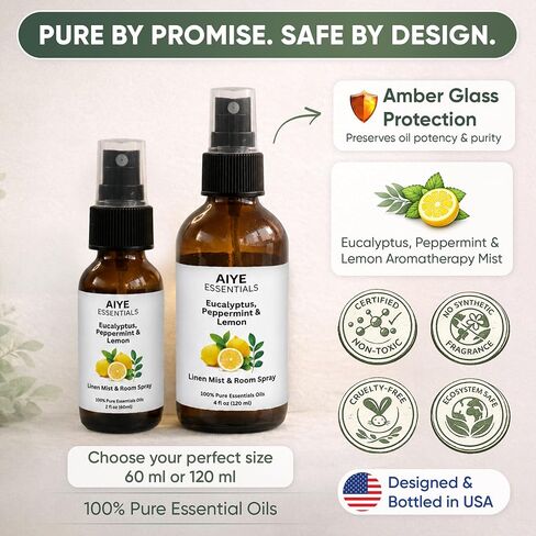 AIYE Essentials الأوكالبتوس والنعناع والليمون رذاذ العلاج العطري، 100% زيوت عطرية نقية، الكتان وبخاخ الغرفة غير سامة 2 أونصة سائلة، (60 مل) in Kuwait
