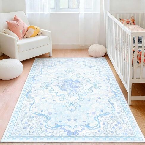 Pink Bow Rug for Bedroom Girls,5x7 Nursery Rugs for Living Room with Soft Low Pile, Cute Vintage Non Slip Washable Rug for Nursery Kids Playroom Dining Room College Dorm Girl in Saudi Arabia