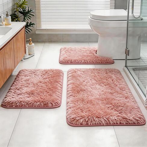 Bathroom Rugs Set Plush Velvet Bath Rugs Non-Slip Shaggy Bath Mat Set 3 Piece,Washable Mats,Absorbent Shaggy Rugs Super Soft U-Shaped Toilet Rug,Bahroom Carpets for Bathroom,Tub,Shower(Black in Saudi Arabia