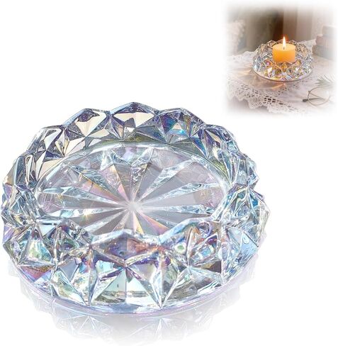 Small Geometric 4in Glass Candle Holder – Crystal Tealight Dish & Mini Candle Tray for Small Scented Candles, Votives & Aroma Stones(Honey Amber-4in) in Saudi Arabia