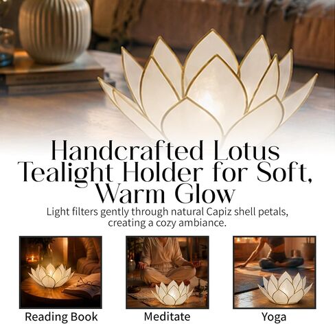 Om Gallery Mini Gemstone Lotus Tealight Holder - Handcrafted Capiz Shell Design for Soft Glow, Elegant Home & Table Decor, Wedding Centerpieces, Votive Candle Styling & Thoughtful Gifting - Pearl in Saudi Arabia
