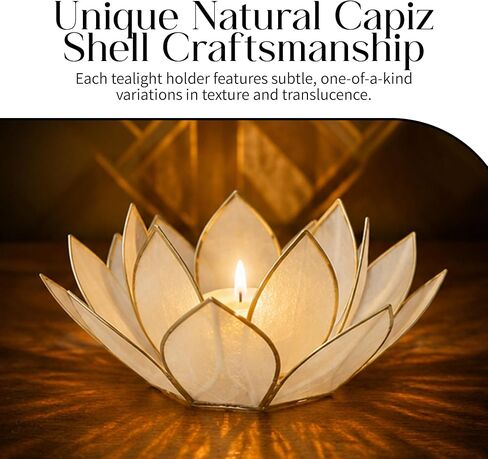 Om Gallery Mini Gemstone Lotus Tealight Holder - Handcrafted Capiz Shell Design for Soft Glow, Elegant Home & Table Decor, Wedding Centerpieces, Votive Candle Styling & Thoughtful Gifting - Pearl in Saudi Arabia