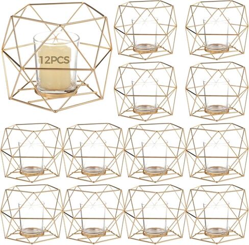 12 PCS Geometric Tealight Candle Holders, Golden Iron Frame Candle Stand with Glass, Wedding Dining Table Centerpiece Party Decor in Saudi Arabia