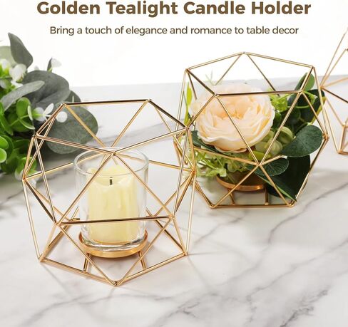 12 PCS Geometric Tealight Candle Holders, Golden Iron Frame Candle Stand with Glass, Wedding Dining Table Centerpiece Party Decor in Saudi Arabia