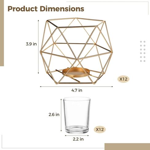12 PCS Geometric Tealight Candle Holders, Golden Iron Frame Candle Stand with Glass, Wedding Dining Table Centerpiece Party Decor in Saudi Arabia