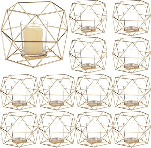 12 PCS Geometric Tealight Candle Holders, Golden Iron Frame Candle Stand with Glass, Wedding Dining Table Centerpiece Party Decor in Saudi Arabia