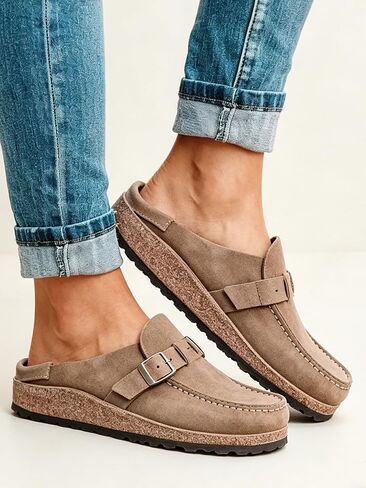 Women's Suede Buckle Mules Slip-On Clog Shoes for Casual Daily Wear in Kuwait
