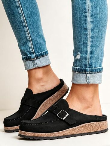 Women's Suede Buckle Mules Slip-On Clog Shoes for Casual Daily Wear in Kuwait
