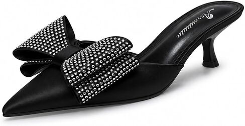 Tsrenlmln Women's Pointed Toe Kitten Heel Mules - Rhinestone Bow Sandals for Dates, Parties, Weddings | Comfortable Heeled Cloth Mules with Non-Slip Sole in Kuwait