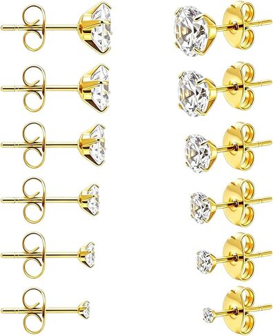 6/12 Pairs Silver Gold Stud Earrings Set for Women Men Cubic Zirconia 316L | Hypoallergenic, 14K Gold Plated Surgical Stainless Steel, 2 3 4 5 6 7 mm CZ Jewelry, Lightweight, Multiple Piercing in Saudi Arabia
