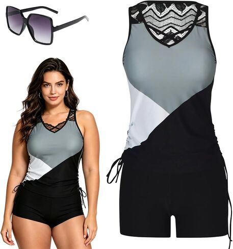 Women's Tummy Control Tankini Set with Built-in Bra, Two Piece Flattering Boho Tankini Swimsuits with Swim Shorts in Saudi Arabia