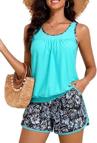 Hilor Women's Blouson Tankini Swimsuits Modest Tummy Control Swimwear Two Piece Bathing Suits with Sporty Pockets Swim Shorts in Kuwait
