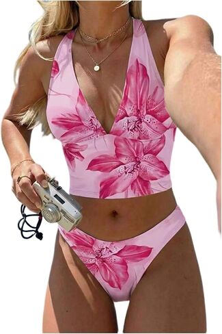 Milumia Women's 2 Piece Tankini Swimsuits Floral Print Halter V Neck Tie Back Bathing Suits in Kuwait
