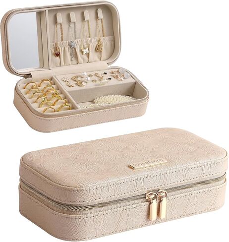 Travel Jewelry Case, Travel Jewelry Box Organizer with Mirror, 4.1 x 8 x 2.4 Inches, Stitching, Portable, Gift Idea (Rosy) in Kuwait