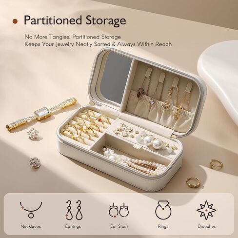 Travel Jewelry Case, Travel Jewelry Box Organizer with Mirror, 4.1 x 8 x 2.4 Inches, Stitching, Portable, Gift Idea (Rosy) in Kuwait