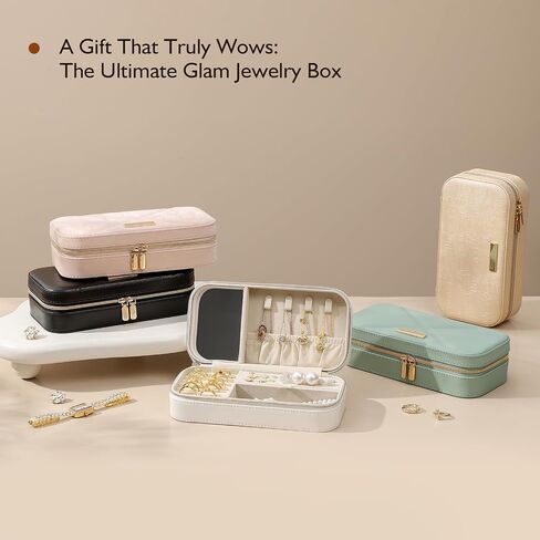 Travel Jewelry Case, Travel Jewelry Box Organizer with Mirror, 4.1 x 8 x 2.4 Inches, Stitching, Portable, Gift Idea (Rosy) in Kuwait