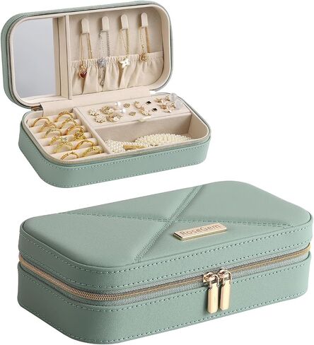 Travel Jewelry Case, Travel Jewelry Box Organizer with Mirror, 4.1 x 8 x 2.4 Inches, Stitching, Portable, Gift Idea (Rosy) in Kuwait