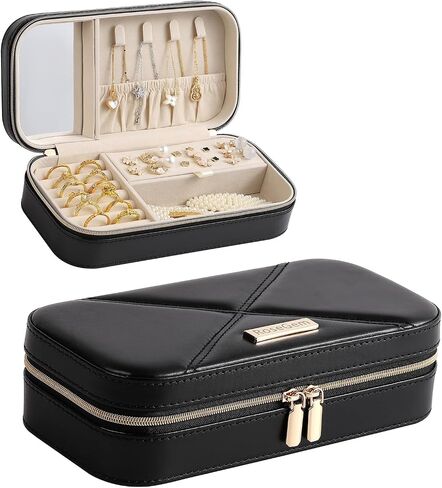 Travel Jewelry Case, Travel Jewelry Box Organizer with Mirror, 4.1 x 8 x 2.4 Inches, Stitching, Portable, Gift Idea (Rosy) in Kuwait