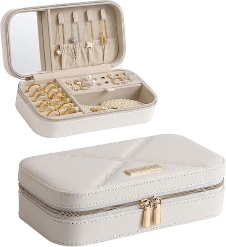 Travel Jewelry Case, Travel Jewelry Box Organizer with Mirror, 4.1 x 8 x 2.4 Inches, Stitching, Portable, Gift Idea (Rosy) in Kuwait