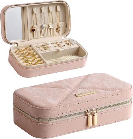 Travel Jewelry Case, Travel Jewelry Box Organizer with Mirror, 4.1 x 8 x 2.4 Inches, Stitching, Portable, Gift Idea (Rosy) in Kuwait