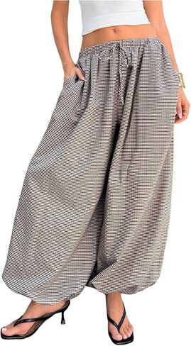 OYOANGLE Women's Gingham Drawstring Waist Baggy Crop Pants Plaid Going Out Trousers with Pockets in Kuwait