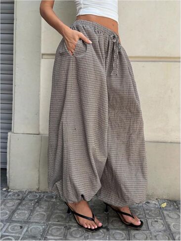 OYOANGLE Women's Gingham Drawstring Waist Baggy Crop Pants Plaid Going Out Trousers with Pockets in Kuwait