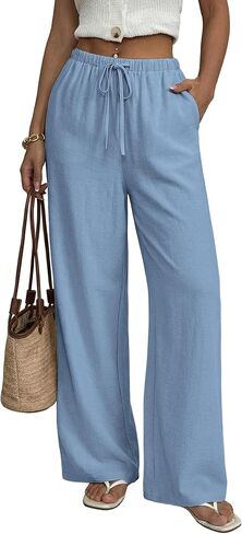 LOOKBOHO Wide Leg Pants for Women Summer Flowy Palazzo Drawstring Elastic Waist Beach Trousers with Pockets Vacation Outfits in Saudi Arabia