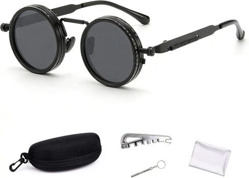 Adjustable Tint Sunglasses for Men, 1–9 Gear Manual Dimming Polarized UV400, Retro Round Metal Frame Steampunk Sunglasses, Adjustable Glasses with Case & Adjustment Tools (Black) in Saudi Arabia