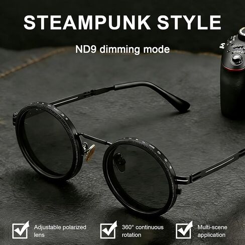 Adjustable Tint Sunglasses for Men, 1–9 Gear Manual Dimming Polarized UV400, Retro Round Metal Frame Steampunk Sunglasses, Adjustable Glasses with Case & Adjustment Tools (Black) in Saudi Arabia