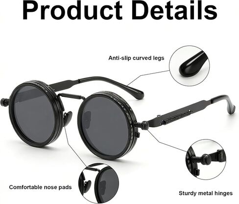 Adjustable Tint Sunglasses for Men, 1–9 Gear Manual Dimming Polarized UV400, Retro Round Metal Frame Steampunk Sunglasses, Adjustable Glasses with Case & Adjustment Tools (Black) in Saudi Arabia
