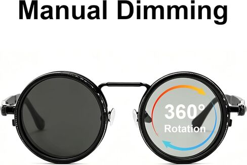 Adjustable Tint Sunglasses for Men, 1–9 Gear Manual Dimming Polarized UV400, Retro Round Metal Frame Steampunk Sunglasses, Adjustable Glasses with Case & Adjustment Tools (Black) in Saudi Arabia