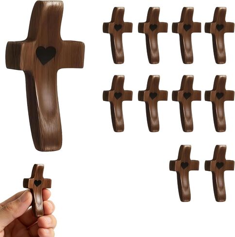 Fleagely 10Pcs Wooden Cross Fidget - Natural Black Walnut Pocket Cross - Ergonomic Thumb Groove - Handheld Prayer Cross Heart Carving for Anxiety Relief - Meditation Christian Faith Gifts in Saudi Arabia