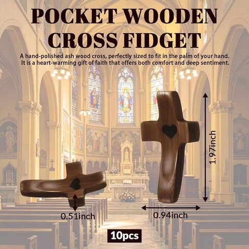 Fleagely 10Pcs Wooden Cross Fidget - Natural Black Walnut Pocket Cross - Ergonomic Thumb Groove - Handheld Prayer Cross Heart Carving for Anxiety Relief - Meditation Christian Faith Gifts in Saudi Arabia