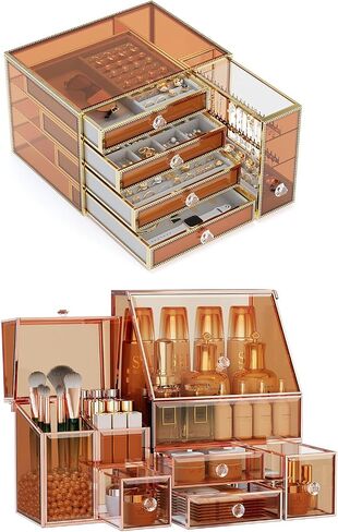 Youdepot Tempered Glass Makeup Organizer Countertop 5-Drawer Jewelry Box - Large Velvet-Lined - Multi-Functional jewelry organizer,Skincare Storage for Vanity and Bathroom Countertop in Saudi Arabia