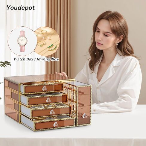Youdepot Tempered Glass Makeup Organizer Countertop 5-Drawer Jewelry Box - Large Velvet-Lined - Multi-Functional jewelry organizer,Skincare Storage for Vanity and Bathroom Countertop in Saudi Arabia