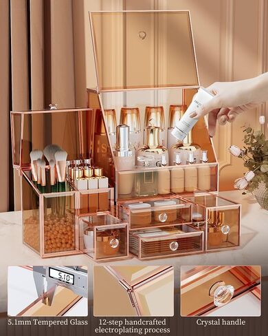 Youdepot Tempered Glass Makeup Organizer Countertop 5-Drawer Jewelry Box - Large Velvet-Lined - Multi-Functional jewelry organizer,Skincare Storage for Vanity and Bathroom Countertop in Saudi Arabia