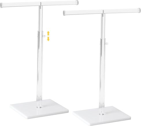 Acrylic Necklace Holder, Adjustable Height 15"-23" Jewelry Stand with Sturdy Base, Clear T Bar Display for Long Necklaces, Bracelets, Purses and Keychains (2 Pack - White Base) in Kuwait