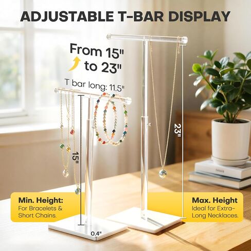 Acrylic Necklace Holder, Adjustable Height 15"-23" Jewelry Stand with Sturdy Base, Clear T Bar Display for Long Necklaces, Bracelets, Purses and Keychains (2 Pack - White Base) in Kuwait
