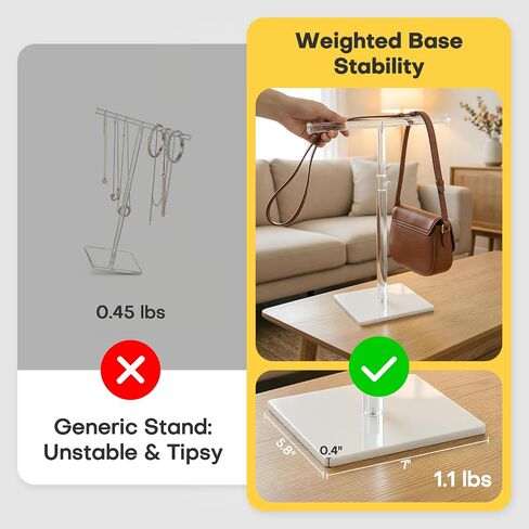 Acrylic Necklace Holder, Adjustable Height 15"-23" Jewelry Stand with Sturdy Base, Clear T Bar Display for Long Necklaces, Bracelets, Purses and Keychains (2 Pack - White Base) in Kuwait