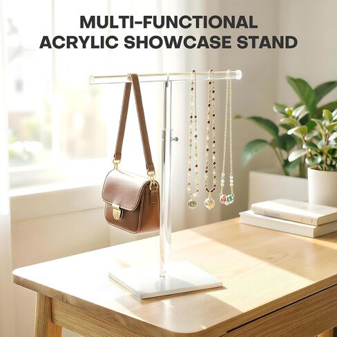 Acrylic Necklace Holder, Adjustable Height 15"-23" Jewelry Stand with Sturdy Base, Clear T Bar Display for Long Necklaces, Bracelets, Purses and Keychains (2 Pack - White Base) in Kuwait