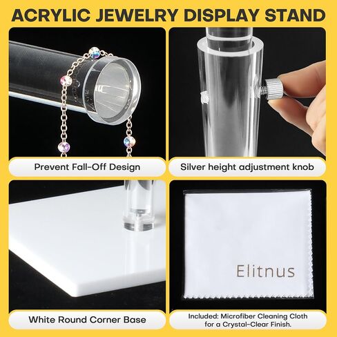 Acrylic Necklace Holder, Adjustable Height 15"-23" Jewelry Stand with Sturdy Base, Clear T Bar Display for Long Necklaces, Bracelets, Purses and Keychains (2 Pack - White Base) in Saudi Arabia