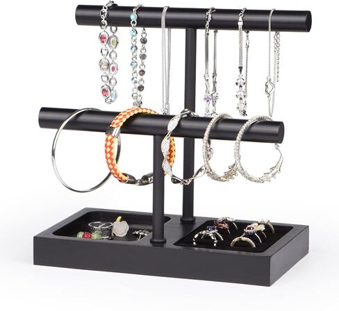 SZQINJI Bracelet Holder Display Organizer Stand, Necklace Holder Jewelry Holder Stand, Solid Wood Base with 3 Tier Metal T-bar for Bracelet Necklace Scrunchie Wristband Bangle Watch Ring, Black in Saudi Arabia