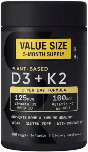 Sports Vitamin D3 K2 with 5000iu of Plant-Based D3 & 100mcg of Vitamin K2 as MK-7, Non-GMO Verified & Vegan Certified - 160 Liquid Softgels - Pack1 in Kuwait