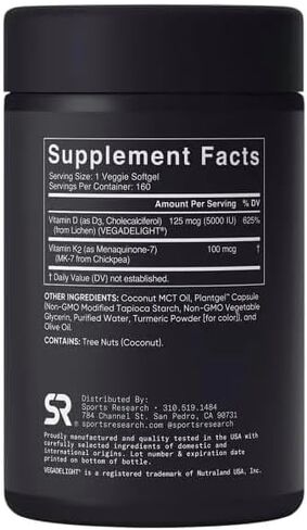 Sports Vitamin D3 K2 with 5000iu of Plant-Based D3 & 100mcg of Vitamin K2 as MK-7, Non-GMO Verified & Vegan Certified - 160 Liquid Softgels - Pack1 in Kuwait