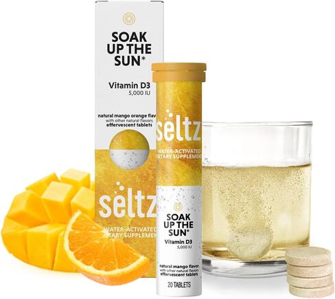 Seltz Vitamin D3 Drink Tablets, Vitamin D3 5000 IU, Effervescent Tablets for Bone Health and Mood Support, Soak Up The Sun, Dissolves in Water, No Sugar Added, Mango Orange Flavor, 20 Count, 1 Pack in Saudi Arabia