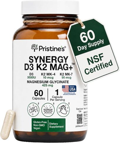 Pristine’s NSF Certified 5000 IU D3 K2 Magnesium Supplement for Imunity & Bone Health - K1, K2 MK-4 and MK-7 - L-Theanine and Apigenin, Vegan, 60 Capsules in Saudi Arabia