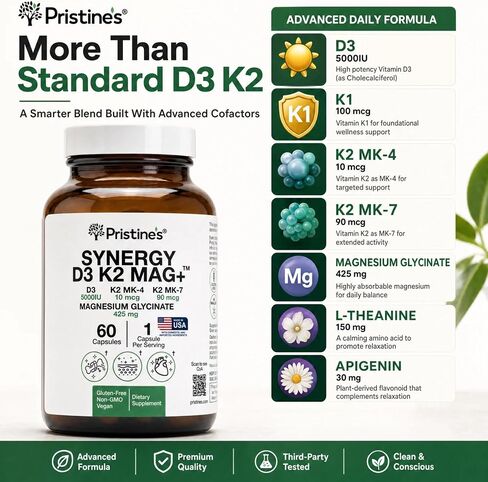 Pristine’s NSF Certified 5000 IU D3 K2 Magnesium Supplement for Imunity & Bone Health - K1, K2 MK-4 and MK-7 - L-Theanine and Apigenin, Vegan, 60 Capsules in Saudi Arabia